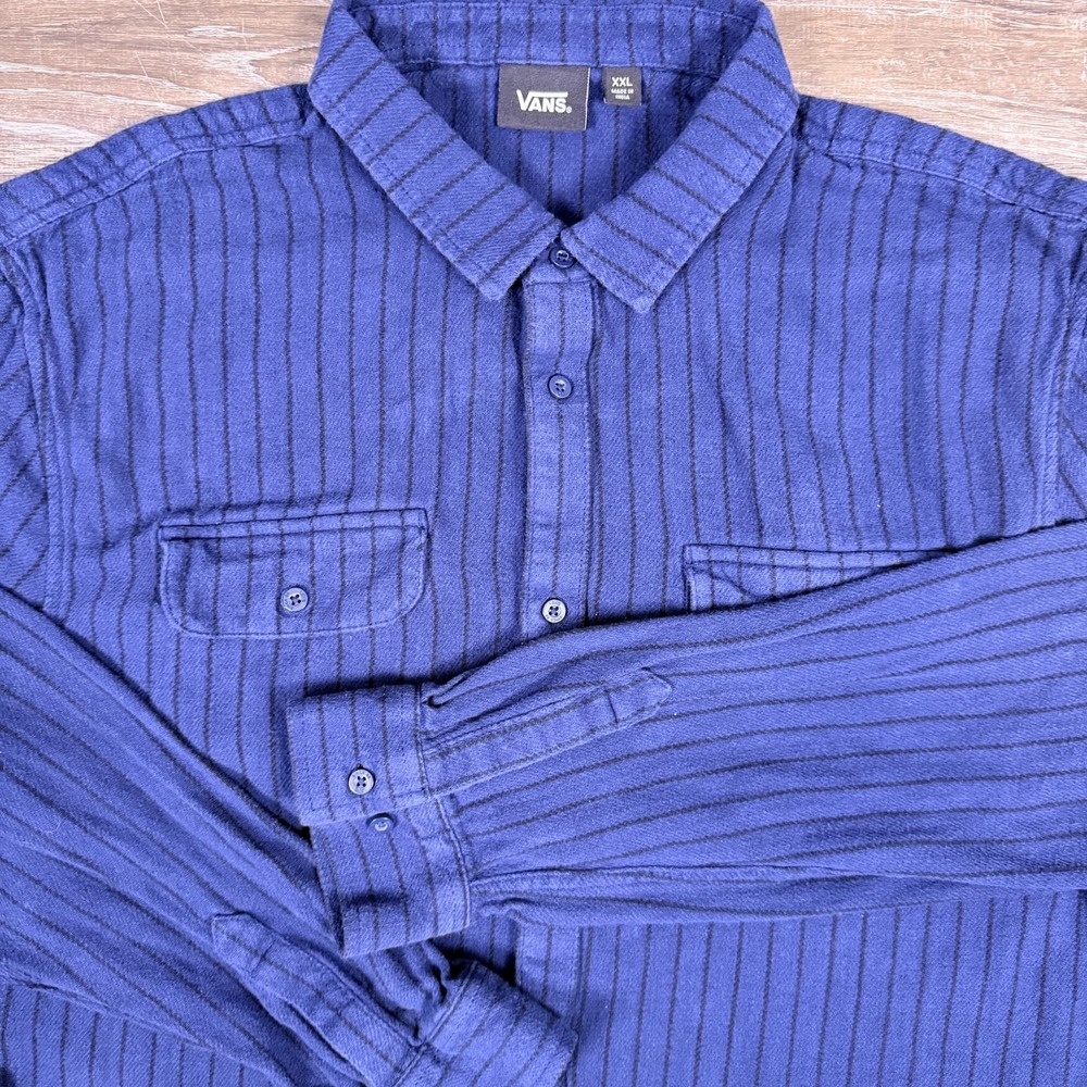 Y2K Vans Mens XXL Button Up Shirt Blue Skate Casual Street Flannel Grunge Stripe